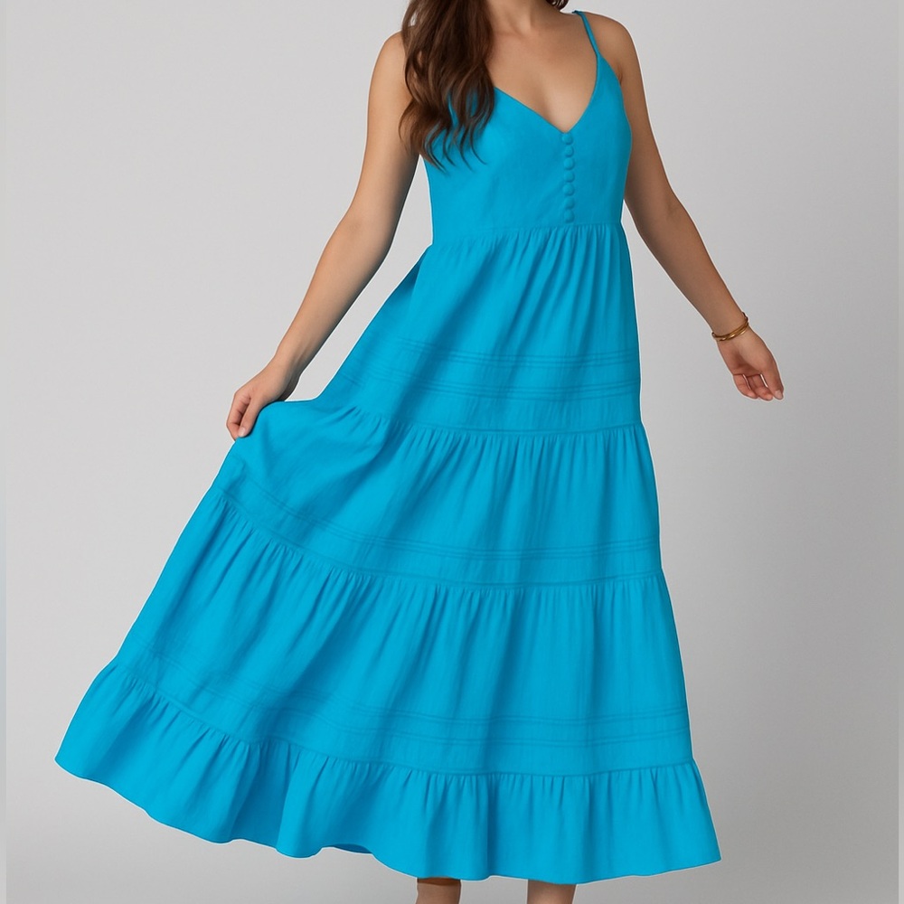 🆕 BuddyLove Jaxon Tiered Ruffle Maxi Dress Vibrant Turquoise Boho Resort Size M